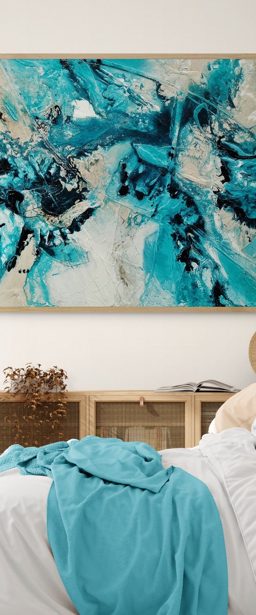Creamed Honey Rush 270cm x 120cm Cream Teal Textured Abstract Art by Franko