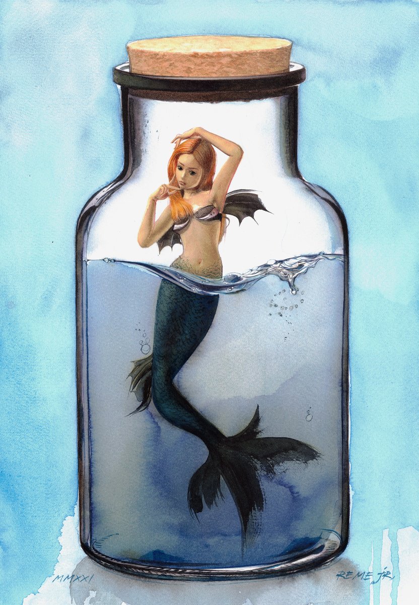 Photorealistic Portrait Watercolour By Reme Jr., 10 X 14", Mermaid In Jar Ii, Original Artwork