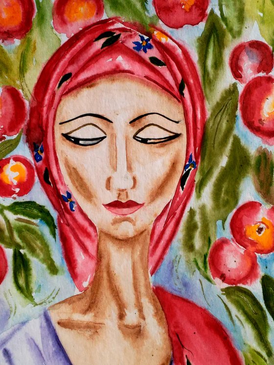 Female Painting Portrait Original Art Ukrainian Woman Watercolor Apple Tree Artwork Red Apples Home Wall Art 12 by 17" by Halyna Kirichenko