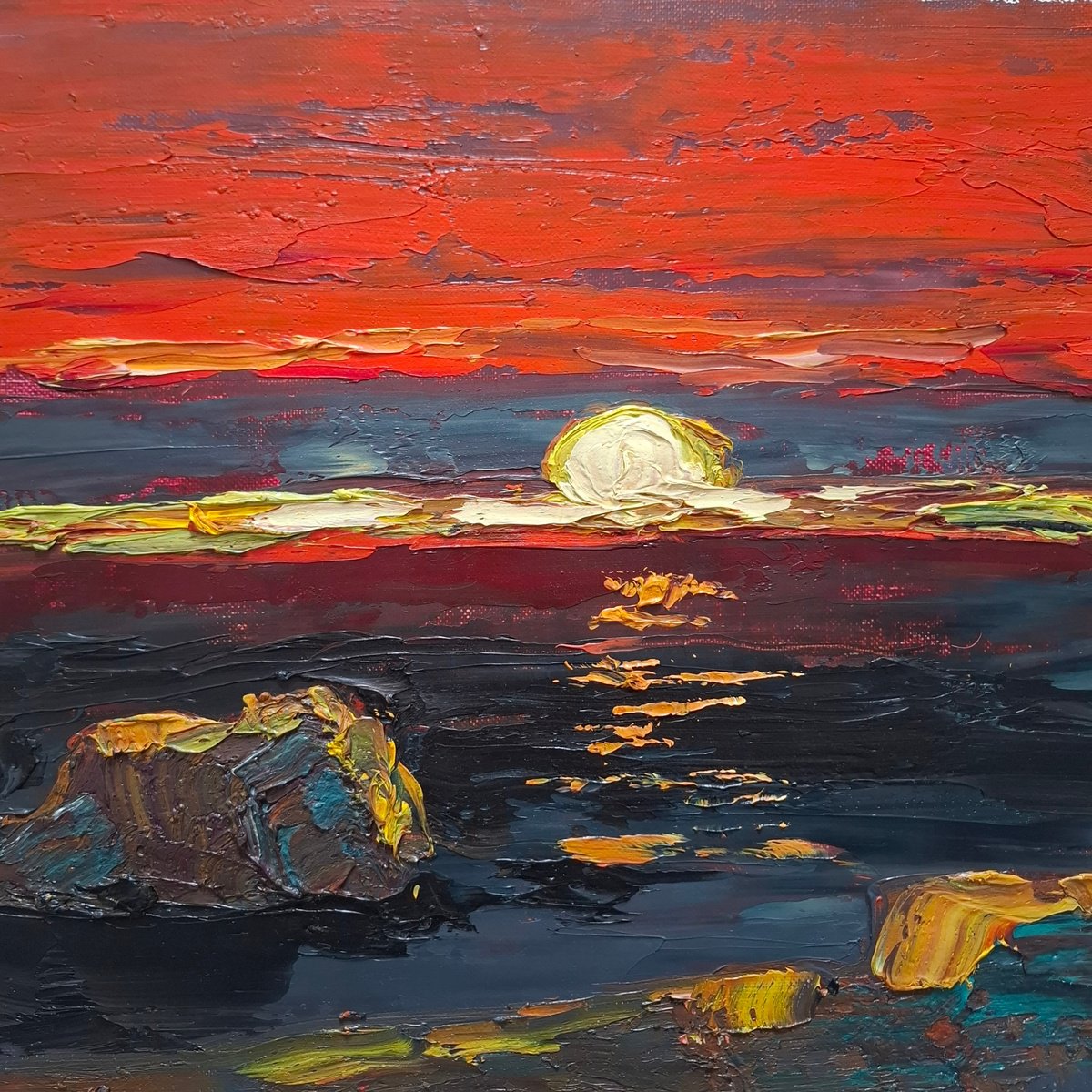 Abstract Landscape Oil Painting By Olena Kolotova, 12 X 12", Sunset, Original Artwork