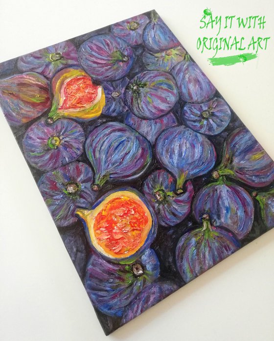 "Figs on Black Surface" Original Oil on Canvas Board Fruit Painting 7 by 10" (18x24cm)