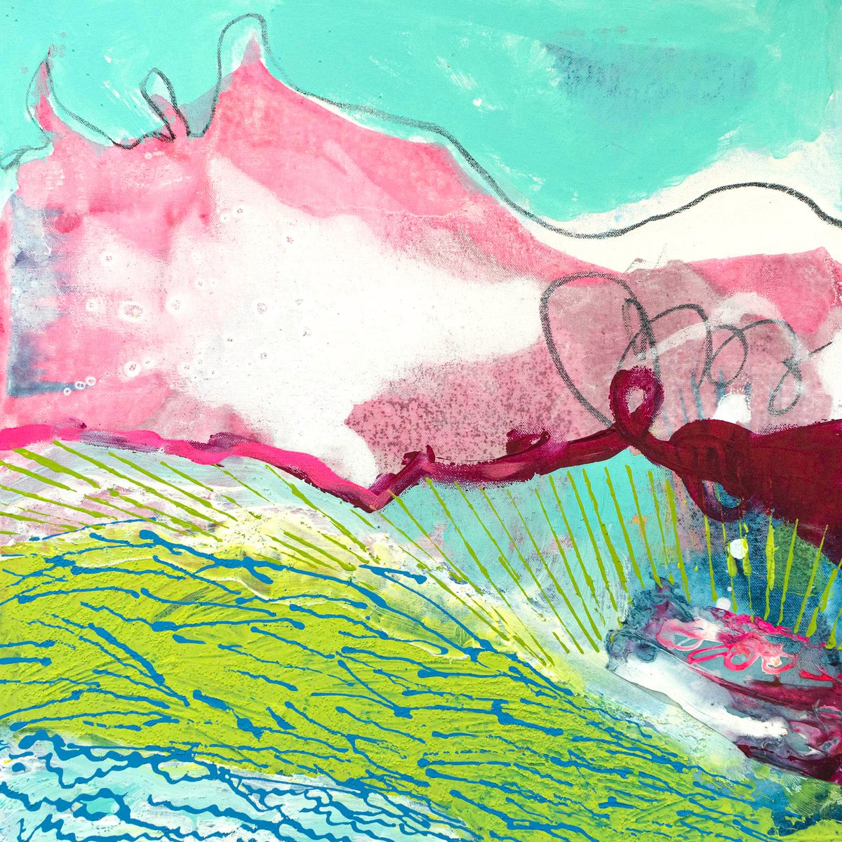 Expressive Landscape Painting By Suzie Cumming, 24 X 24", Splashing Landscape, Original Artwork