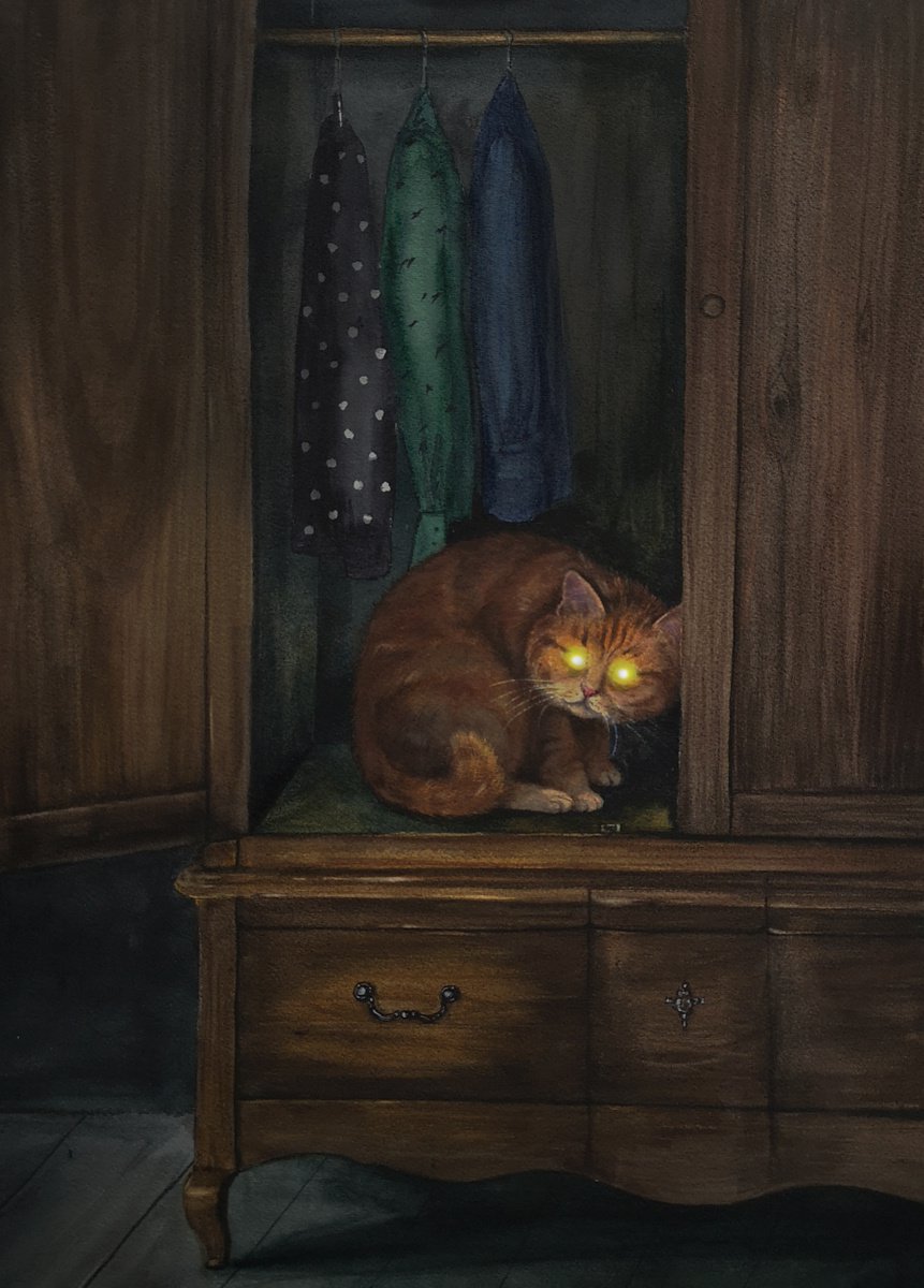 Well, I was looking for Purrnia - Cat Hiding Closet eyes glow by Olga Beliaeva Watercolour