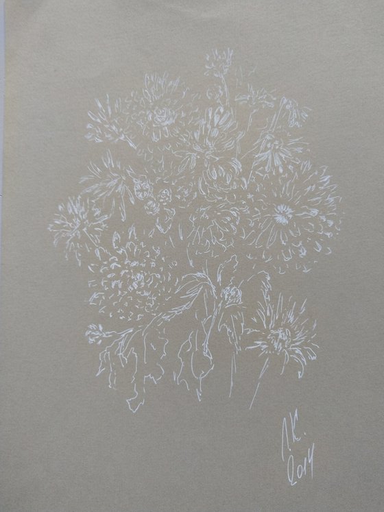 Autumn flowers. Drawing in white ink on gray paper.