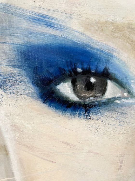 Jazelle | beautiful model with blue eye shadow painting in oil on canvas large contemporary portrait female model