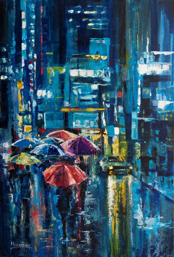 "Street of the night city" , people with umbrellas