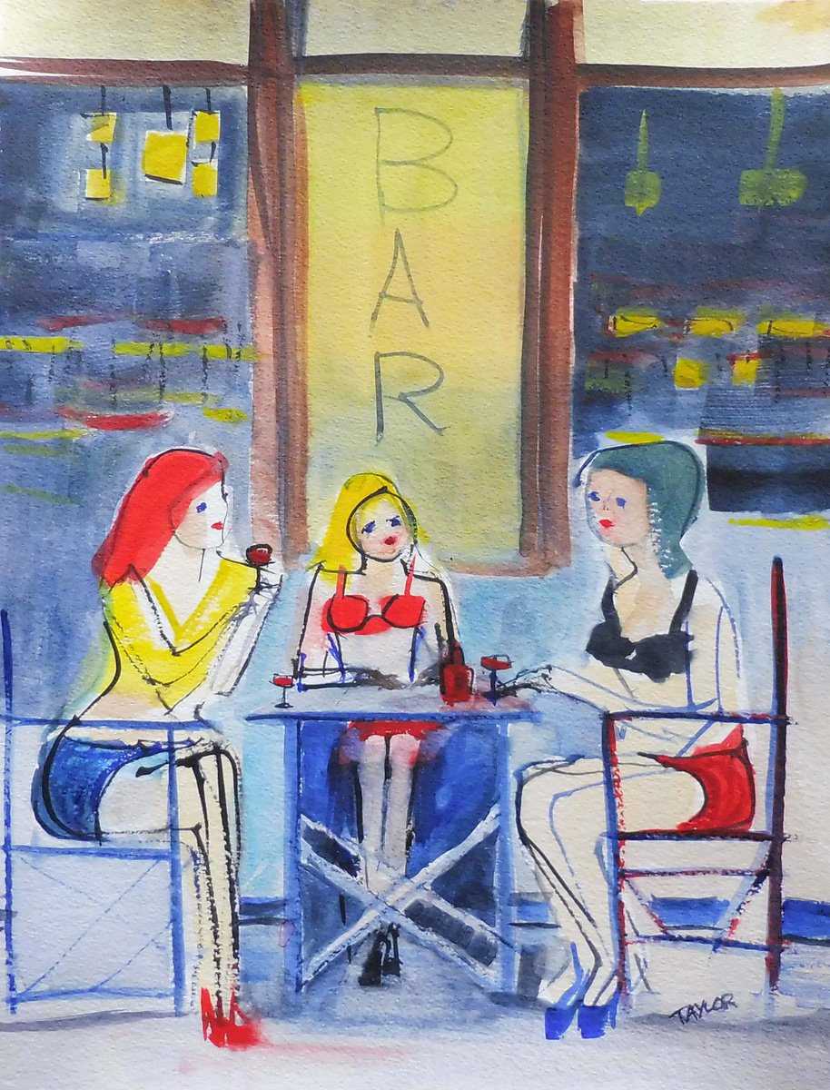 GIRLS RED WINE CAFE. Original Impressionistic Figurative Watercolour Painting. by Tim Taylor