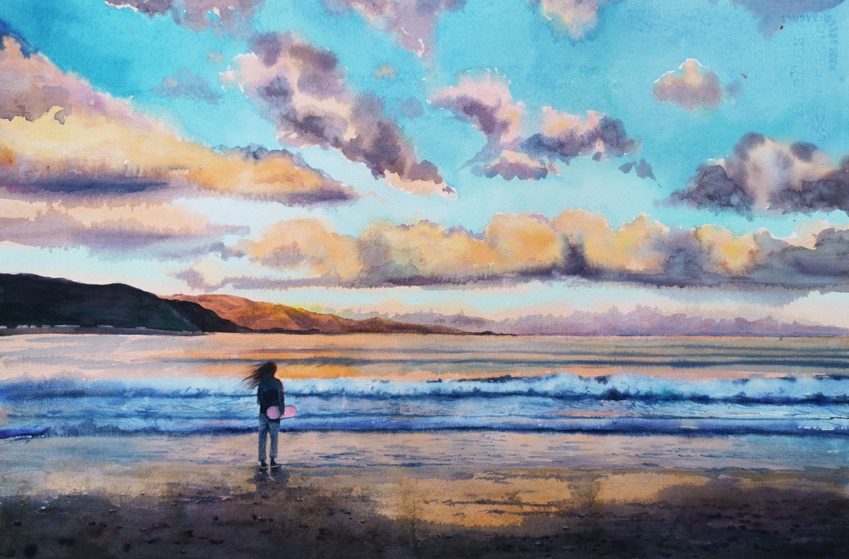 Young girl with skateboard walking on the beach by Olga Beliaeva Watercolour