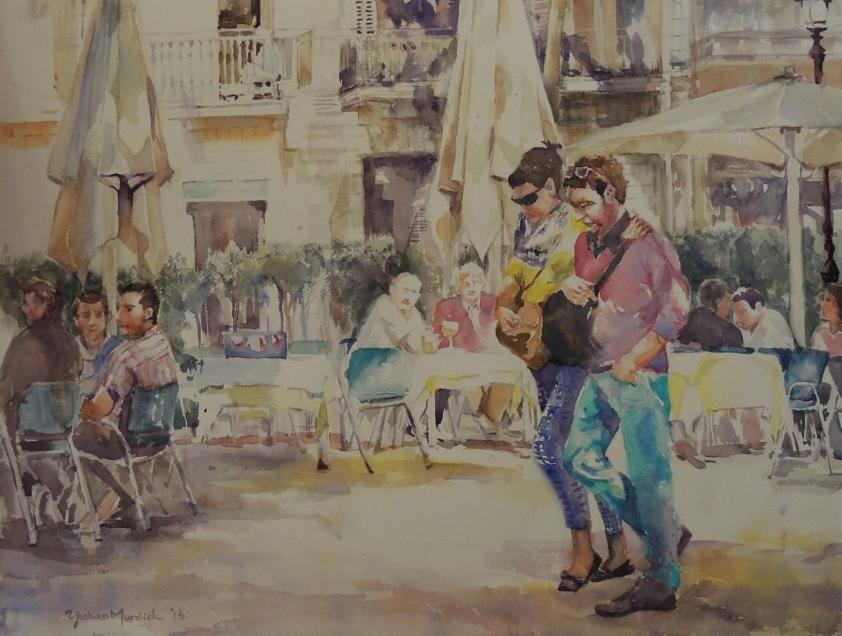 Impressionistic Watercolour , With A Friend In Barcelona By Yoshiko Murdick, 24 X 18, Artwork For Sale On Artfinder