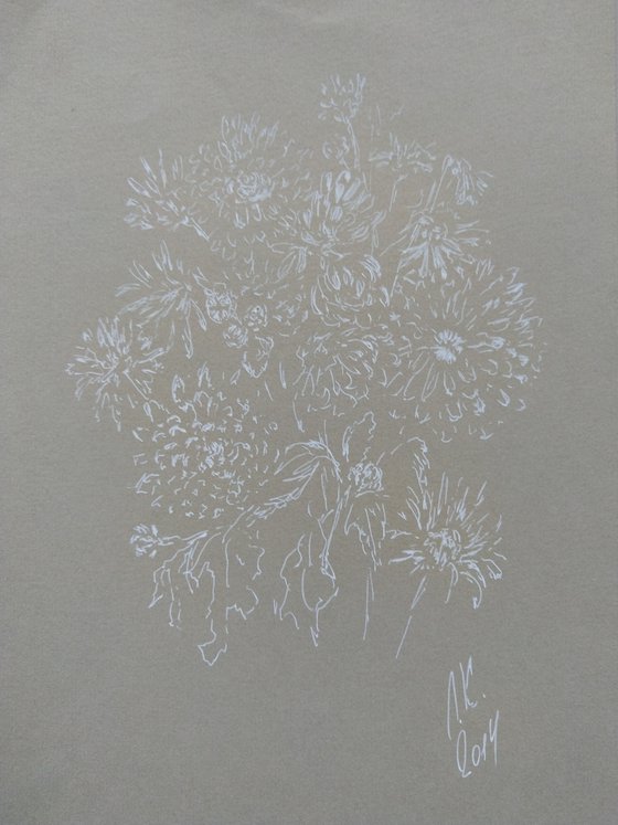 Autumn flowers. Drawing in white ink on gray paper.
