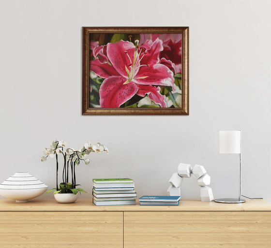 "Oh, lily ..."  pink red flower lily liGHt original painting  GIFT (2021)