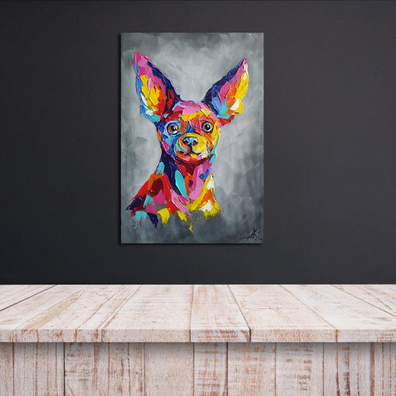 My eared friend - pet oil painting, dog, dog face, dog oil painting, chihuahua oil painting, chihuahua dog, chihuahua pet
