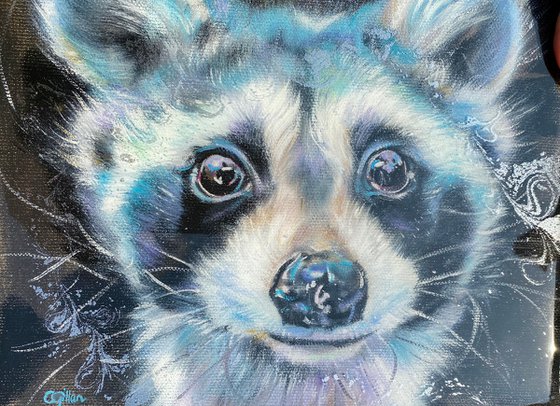 Roddy Racoon Original Oil Painting on stretched linen canvas, Resin