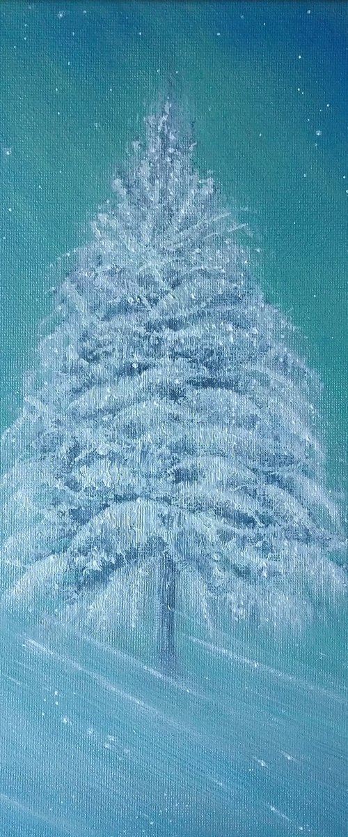 "Frozen". Frozen tree/ northern lights painting by Zoe Adams. by Zoe Adams