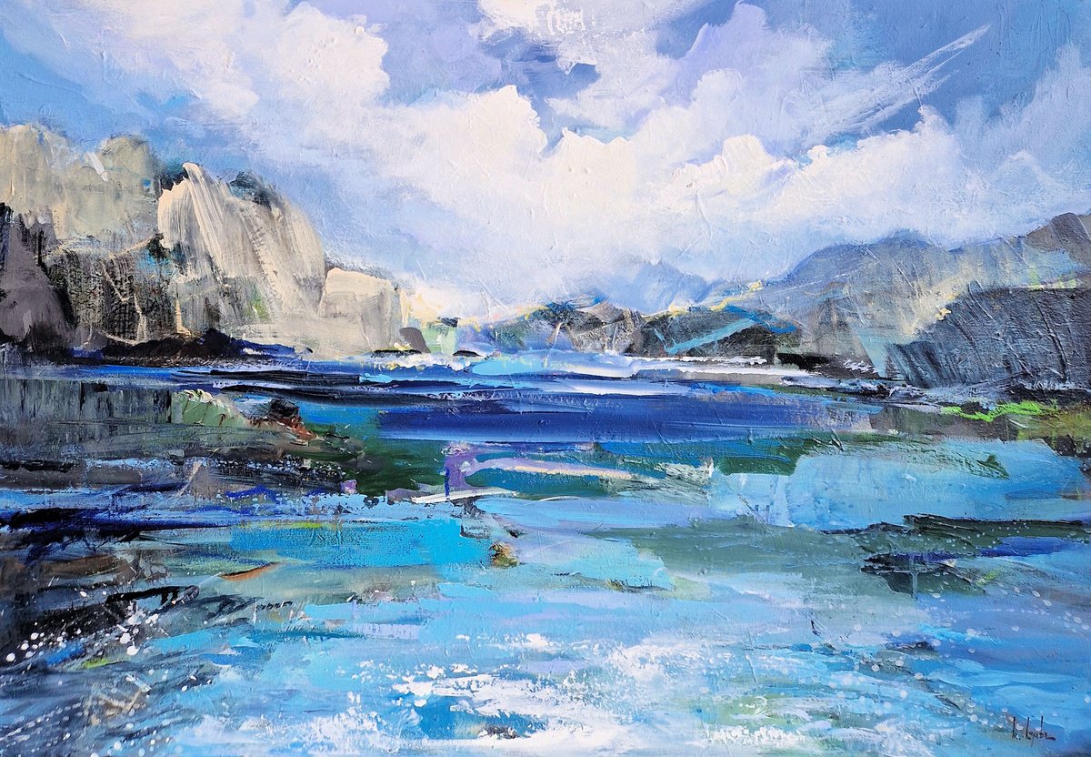 Impressionistic Landscape Acrylic Painting By Irina Laube, 39 X 28, A Lake In The Mountains, Original Artwork