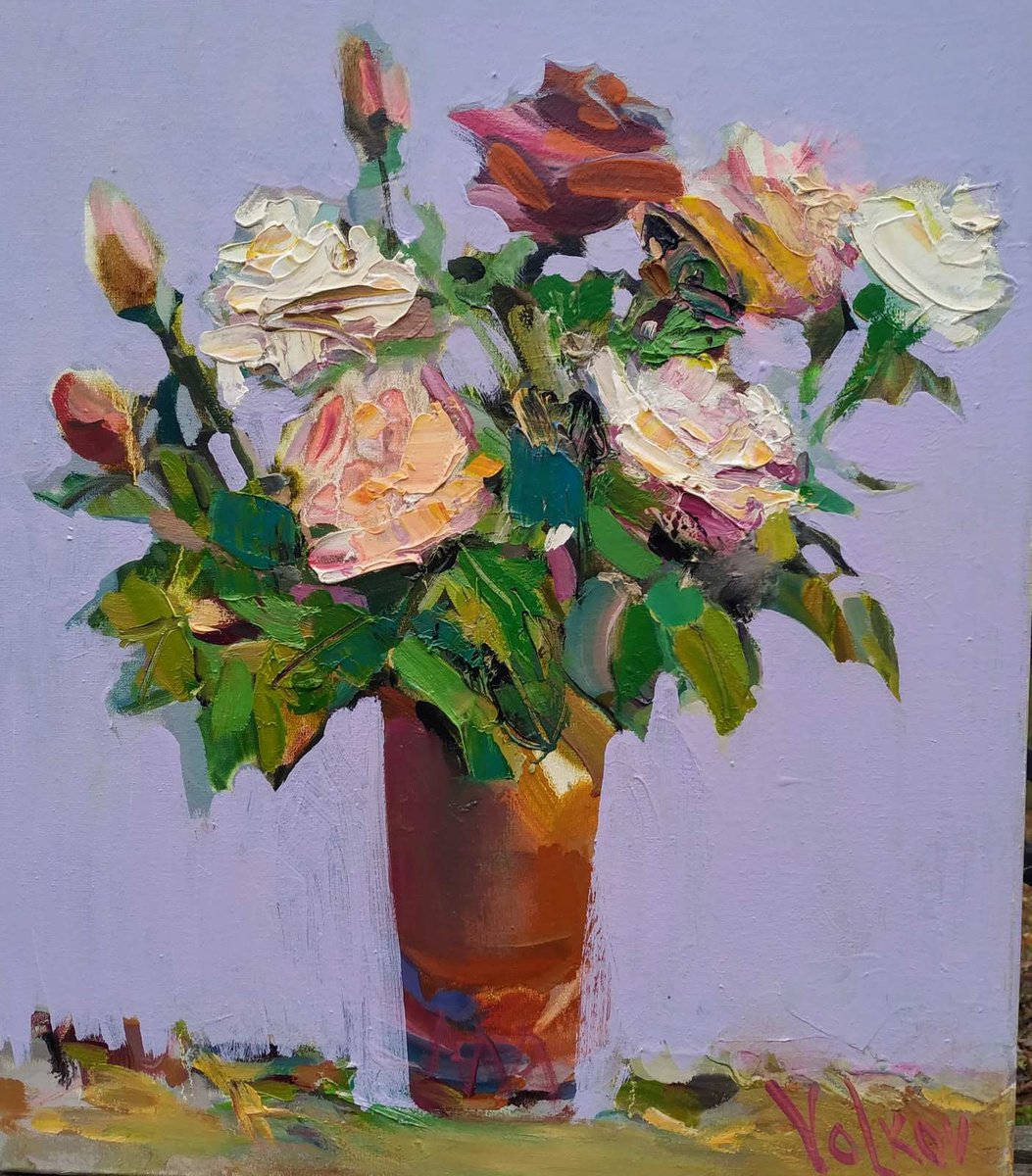 A bouquet of flowers in a ceramic vase by VIKTOR VOLKOV