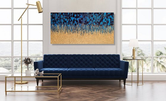 Blue & Gold Cascade - LARGE,  TEXTURED, PALETTE KNIFE ABSTRACT ART – EXPRESSIONS OF ENERGY AND LIGHT. READY TO HANG!