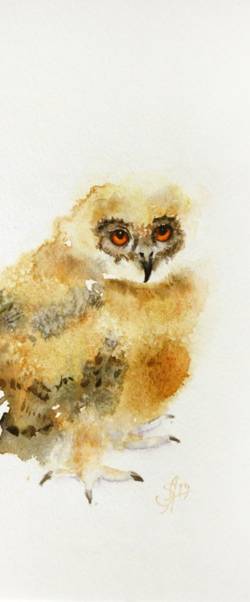 Baby Owl /  ORIGINAL PAINTING by Salana Art / Svetlana Samovarova