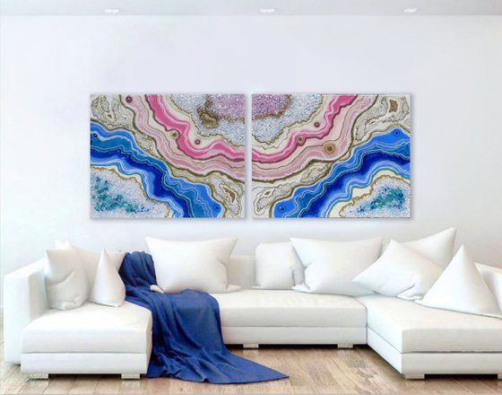 Pink Blue Agate XXL 80 x 200 cm. Diptych Geode Art, wall art, Resin art, Resin painting, Modern art