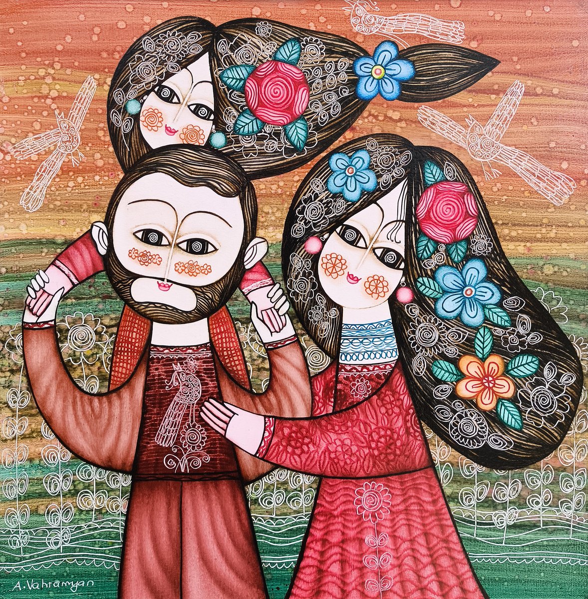 Expressive Portrait Oil Painting By Armen Vahramyan, 24 X 24, Family Memories, Original Artwork