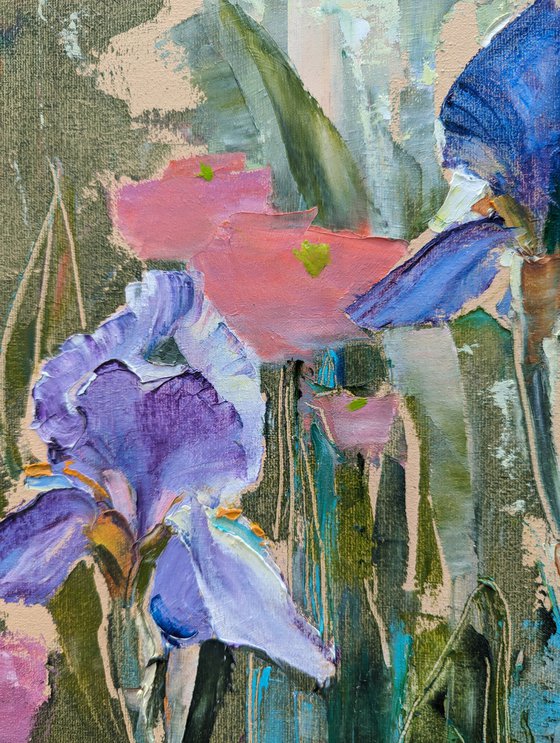 Irises and sun rays .  Original oil painting by Helen Shukina