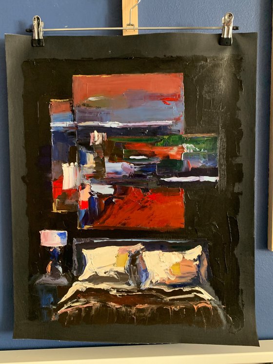Room,bed,abstract art.