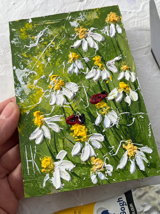 Daisy Painting Ladybug Original Art Chamomile Flowers Oil Impasto Artwork Floral Wall Art 4 by 6"