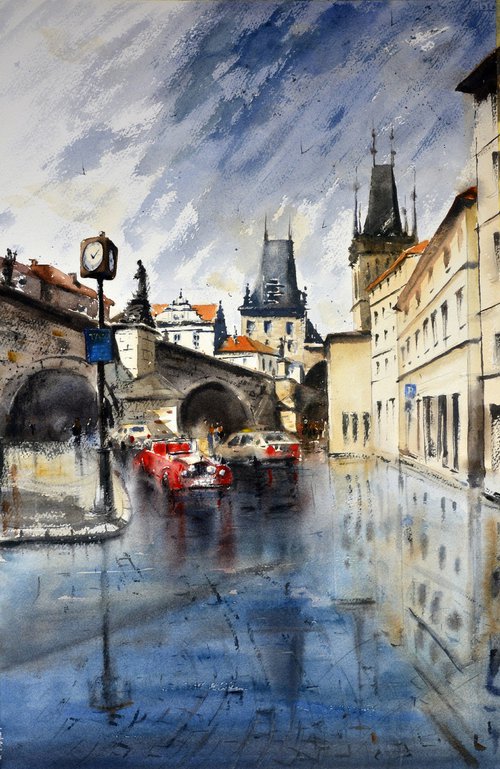 Rain under the Charles Bridge Prague 53x35cm 2020 by Nenad Kojić watercolorist
