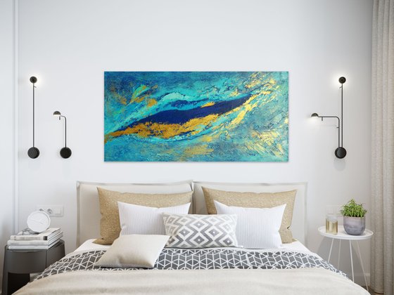 Large Abstract Contemporary Blue and Gold Painting. (61 x 122 cm). Modern Landscape, Abstract Seascape. Textured Art