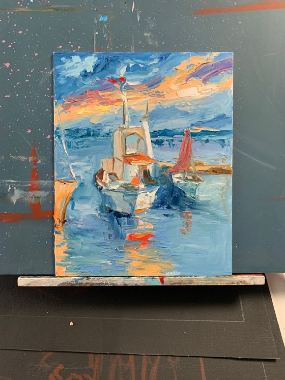 Seascape with a boat. Yacht.