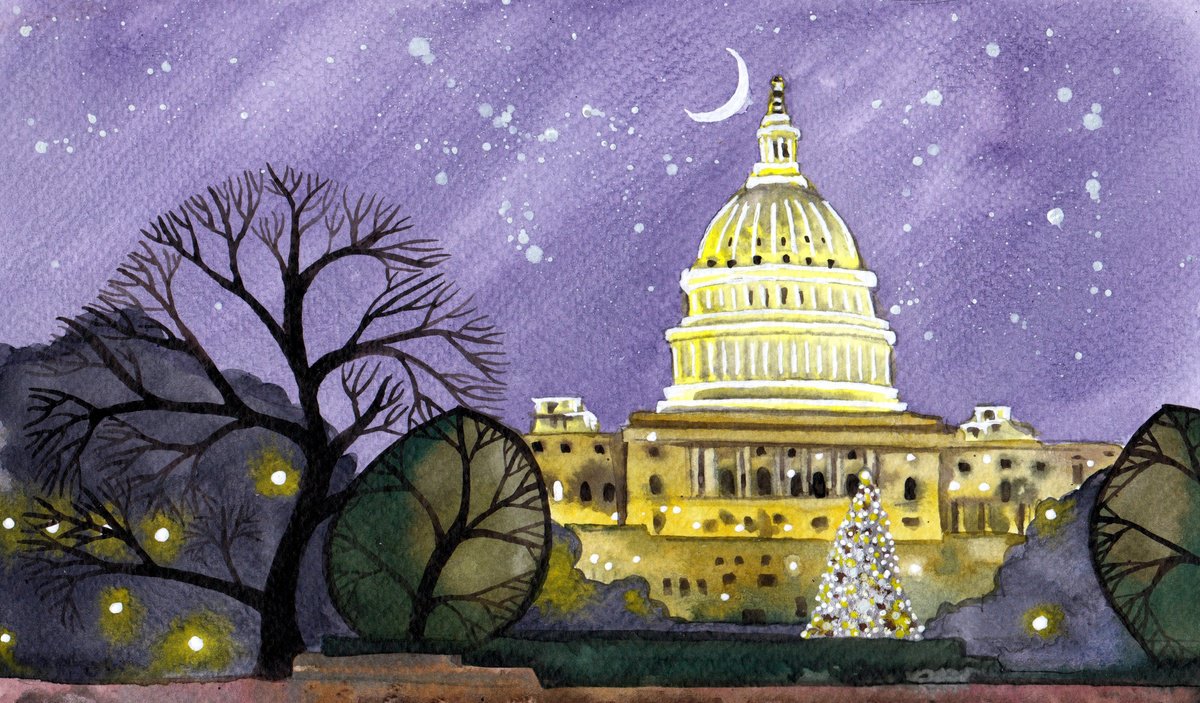 Illustrative Cityscapes Painting By Terri Smith, 9 X 6", Christmas In Dc, Original Artwork