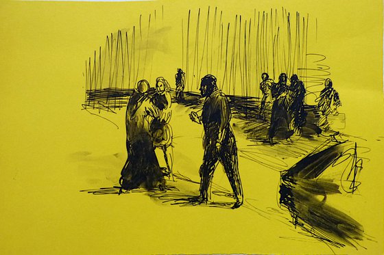 The street scene, ink drawing 33x23 cm
