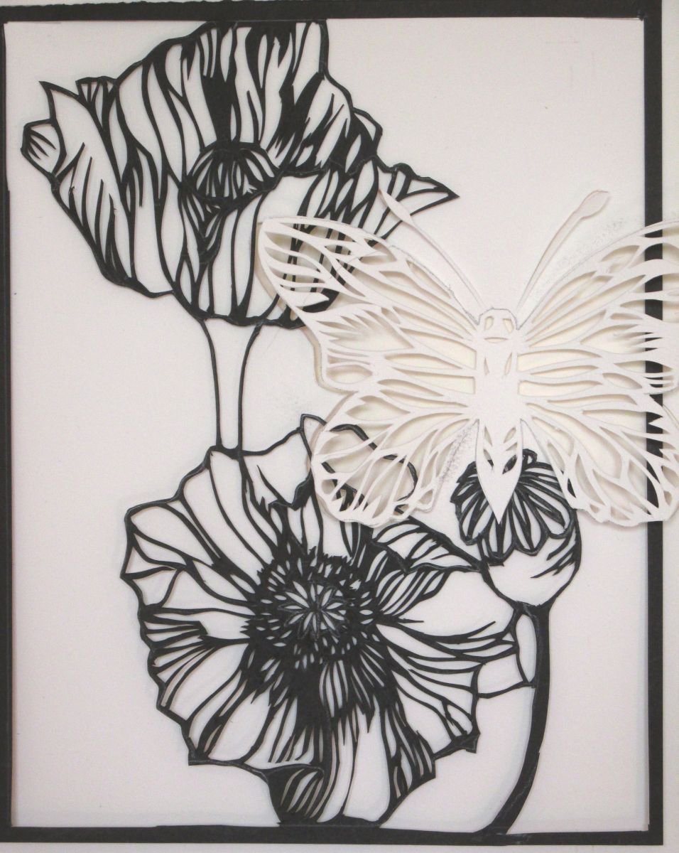 Botanical Sculpture By Alfred Ng, 11 X 12, Poppy With Butterfly, Paper Cut Sculpture, Original Artwork