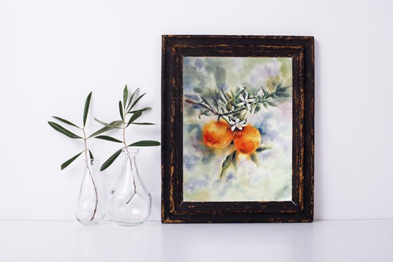 Tangerine tree - original watercolor painting - sunny orange and green color - Gifts for him - Gift for her