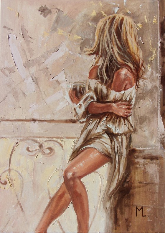 " MY BALCONY AND COFFEE "-   liGHt  ORIGINAL OIL PAINTING, GIFT, PALETTE KNIFE nude WINDOW