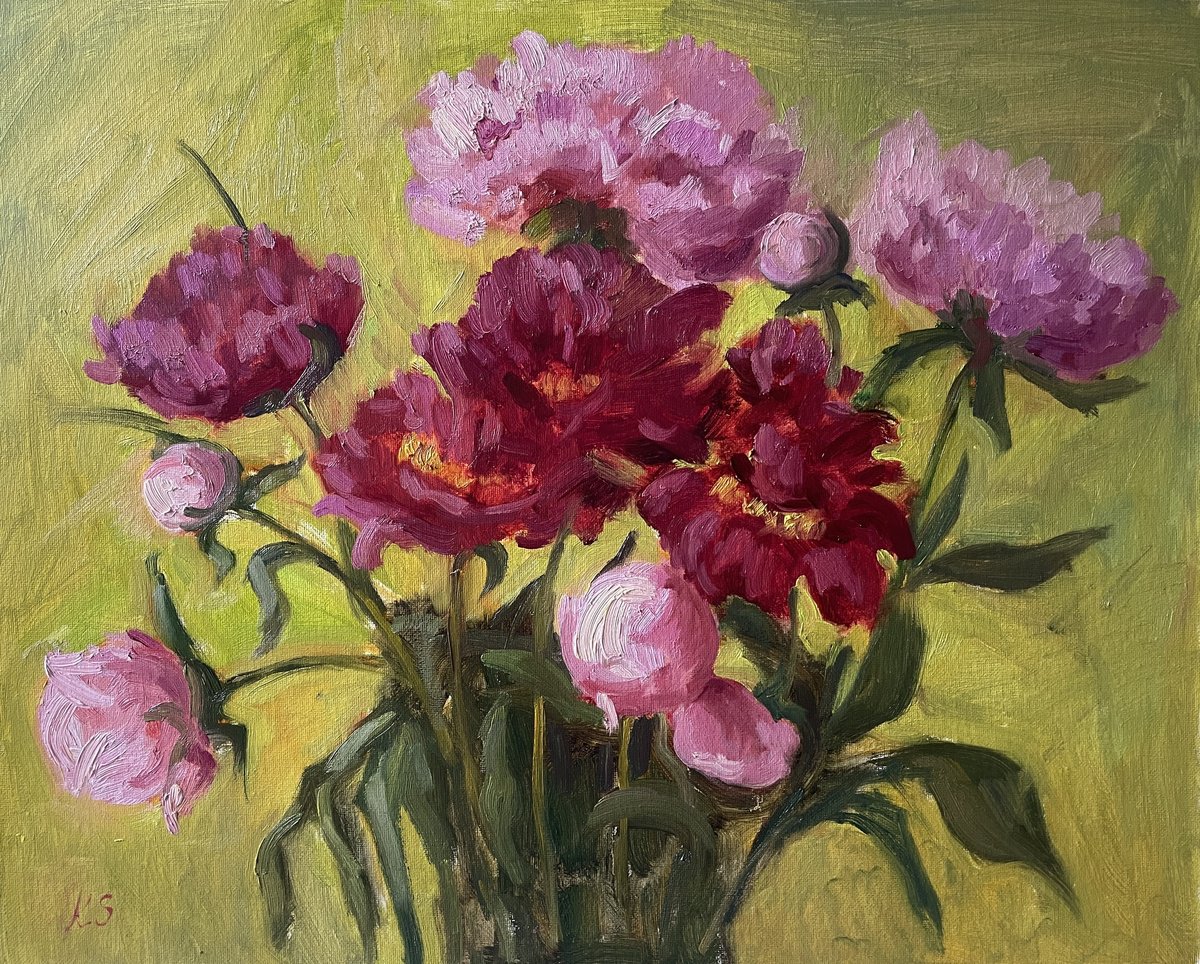 Impressionistic Botanical Oil Painting By Kate Sosonna, 20 X 16", Peonies On Yellow, Original Artwork