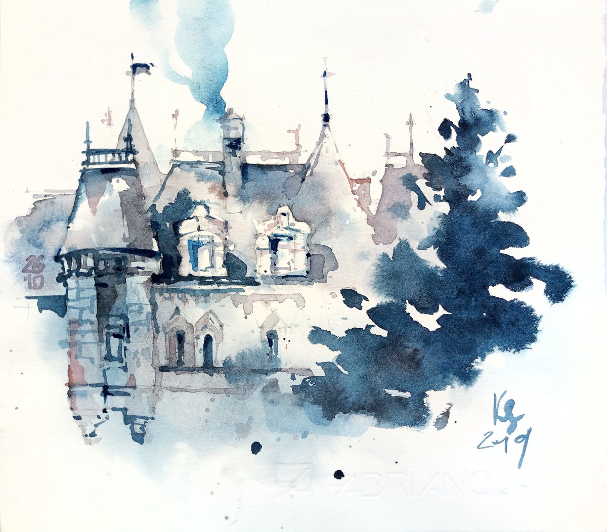 Impressionistic Cityscapes Watercolour By Ksenia Selianko, 10 X 9", City Scene In Monochrome, Original Artwork