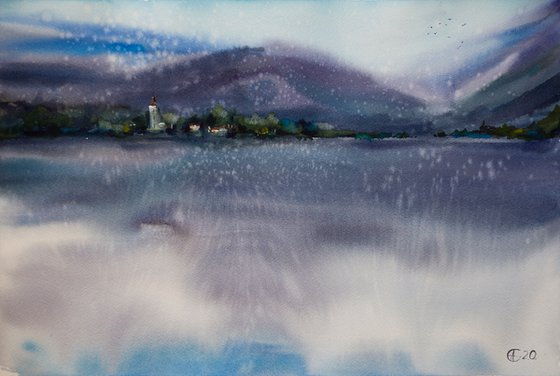 Alpes landscape. Watercolor original painting. Big format purple water reflections interior moody mist gift clouds italy