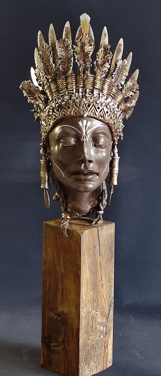 Expressive Portrait Sculpture By Elena Kraft, 13 X 31, Pocahontas, Original Artwork