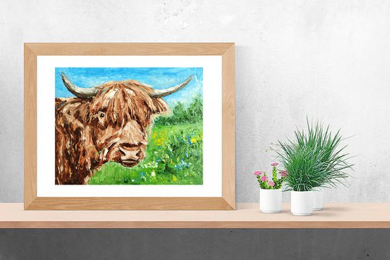 Highland Cow Painting Original Art Farm Animal Artwork Cow Wall Art
