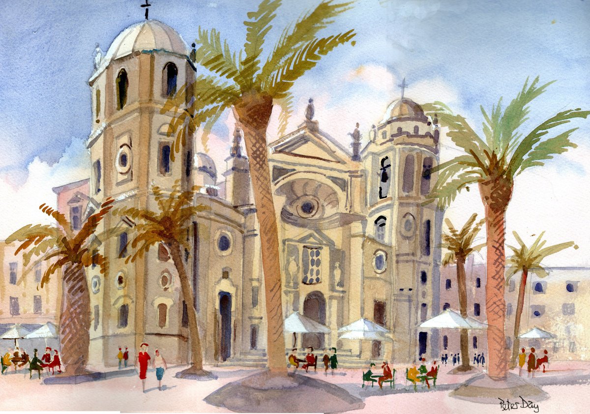 Impressionistic Cityscapes Watercolour By Peter Day, 17 X 13", Cadiz Cathedral, Spain, Original Artwork