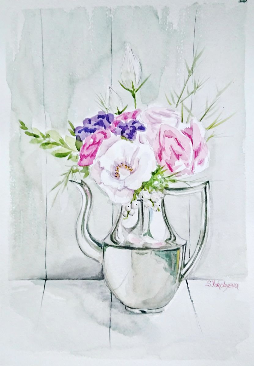Flowers in a metallic jug by Svetlana Vorobyeva