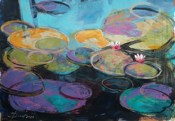 Water lilies on a purple lake