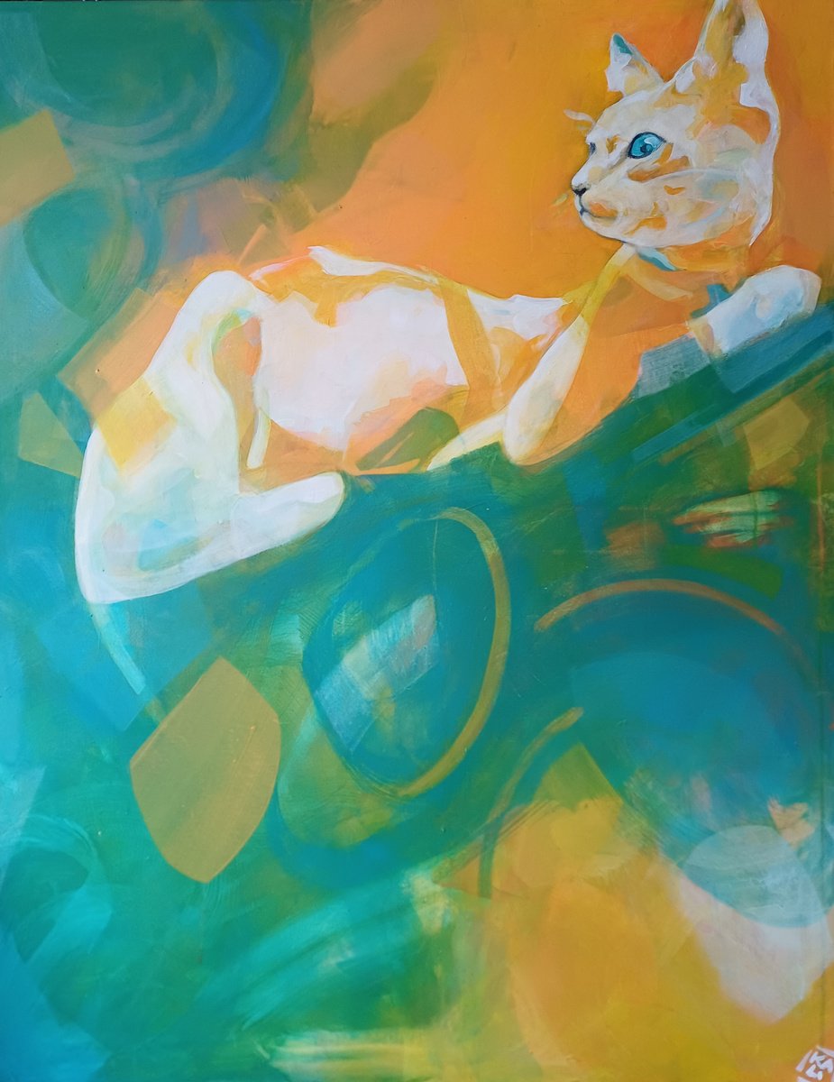 Animal Acrylic Painting By Karin Lichtenegger, 31 X 39", Cat In Heaven?, Original Artwork