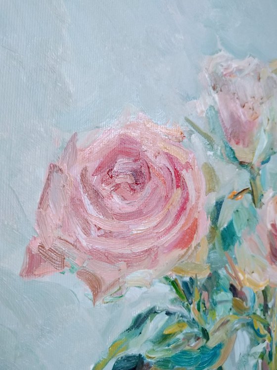 Roses in vase. Original oil painting.2021