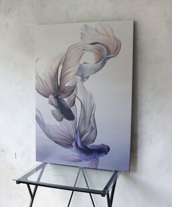 "Carps" Abstract purple blue fish art