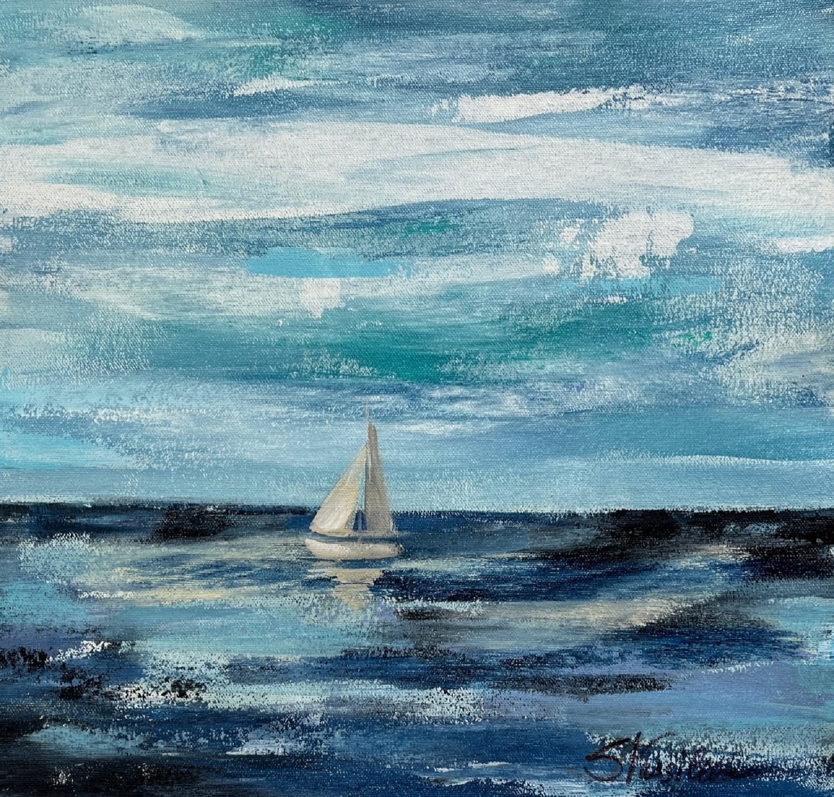 Expressive Landscape Acrylic Painting By Silvia Vassileva, 15 X 15", Black Sea Ii, Original Artwork