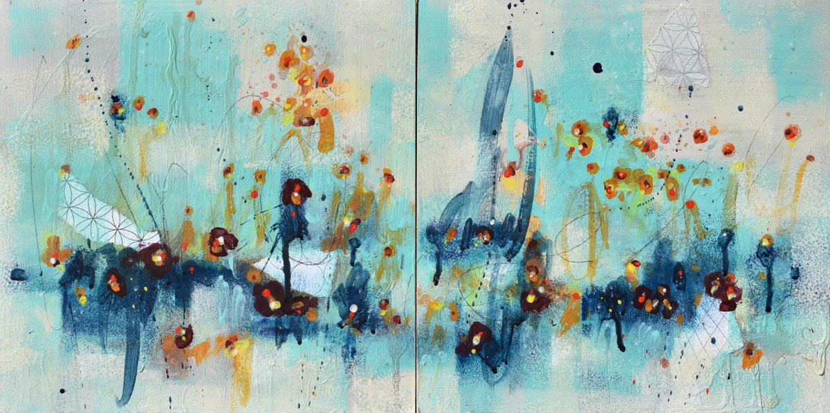 Song Of The Sunflowers, Summer Dreams - Abstract art - 12 x 24 IN / 30 x 61 CM - Abstract... by Cynthia Ligeros Abstract Artist