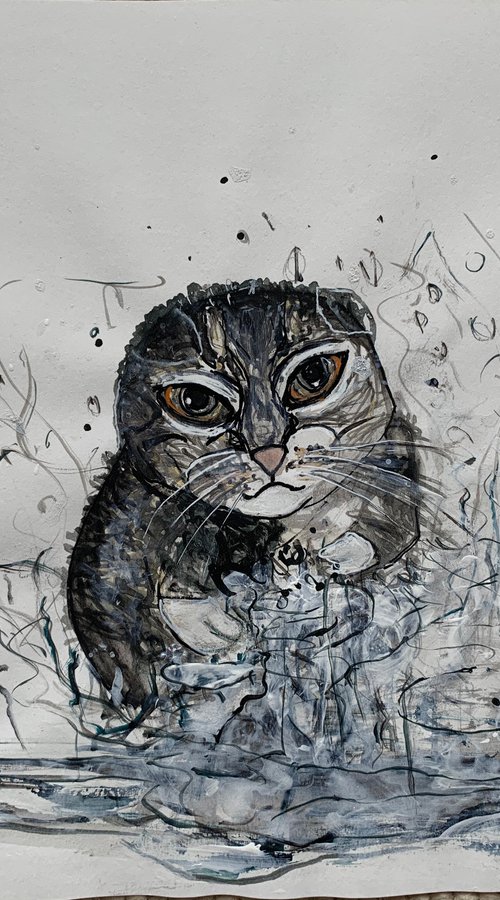 Underwater Animals Cat Painting for Home Decor, Kitten Portrait Art Decor, Artfinder Gift Ideas by Kumi Muttu