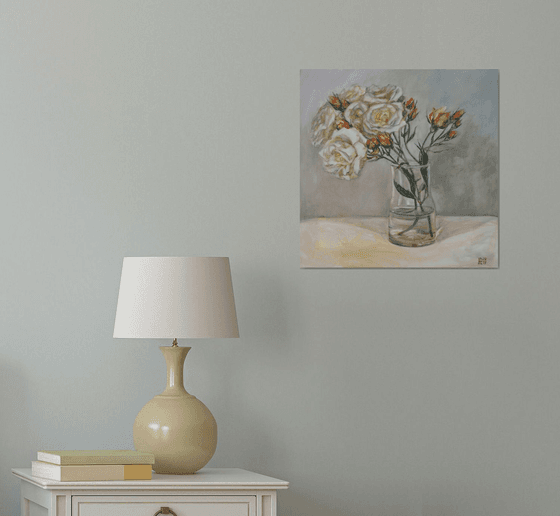 Garden Roses In A Glass Vase